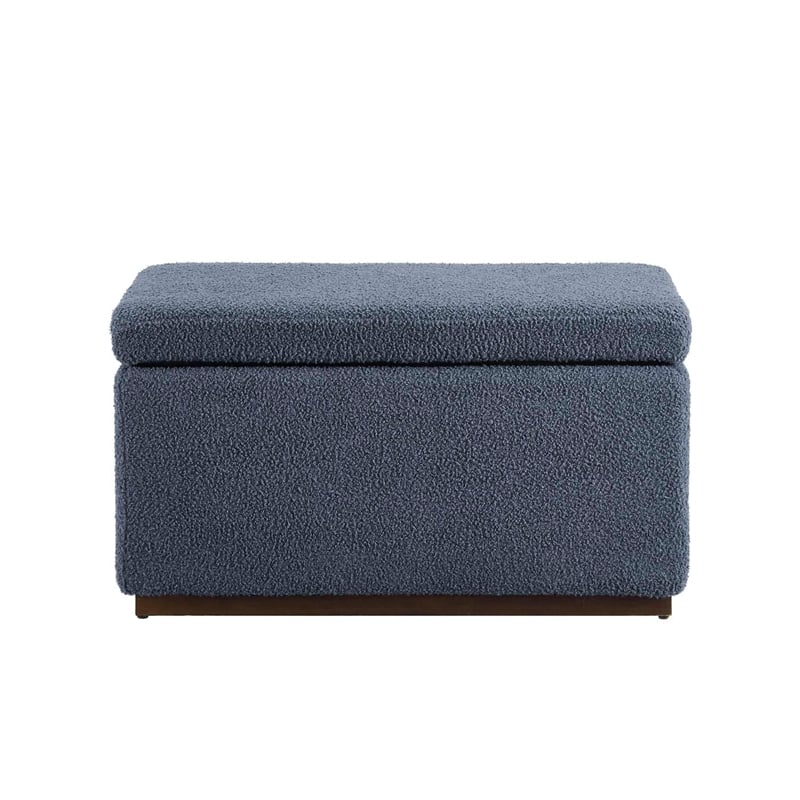 Linon Hawn Rectangle Storage Ottoman Dark Wood Trim in Blue Grey Sherpa