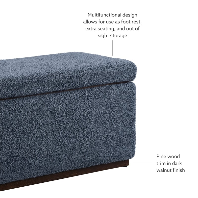 Linon Hawn Rectangle Storage Ottoman Dark Wood Trim in Blue Grey Sherpa