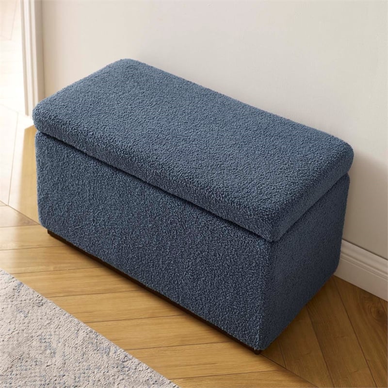 Linon Hawn Rectangle Storage Ottoman Dark Wood Trim in Blue Grey Sherpa