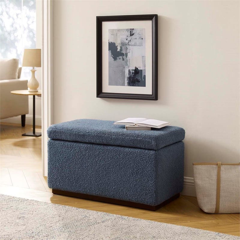 Linon Hawn Rectangle Storage Ottoman Dark Wood Trim in Blue Grey Sherpa