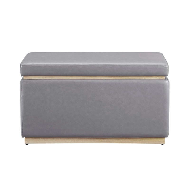 Linon Hawn Rectangle Storage Ottoman Natural Wood Trim in Grey Faux Leather