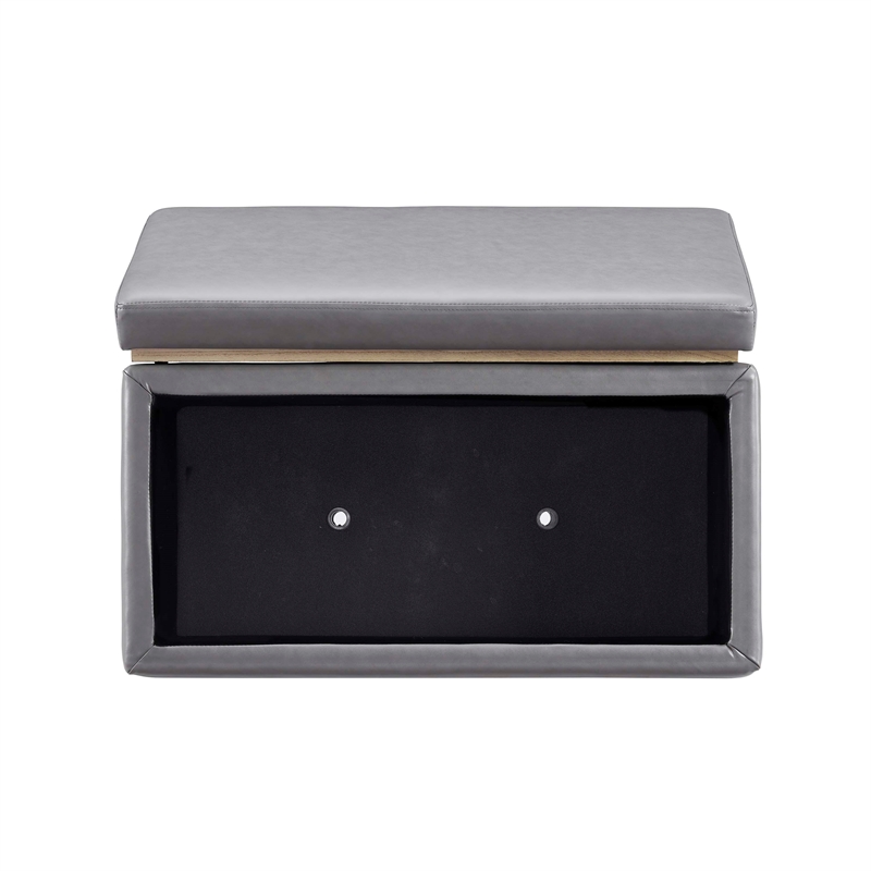 Linon Hawn Rectangle Storage Ottoman Natural Wood Trim in Grey Faux Leather