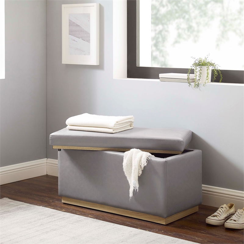 Linon Hawn Rectangle Storage Ottoman Natural Wood Trim in Grey Faux Leather