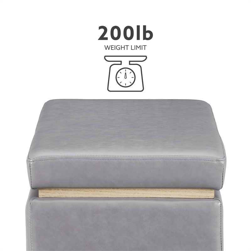 Linon Hawn Rectangle Storage Ottoman Natural Wood Trim in Grey Faux Leather