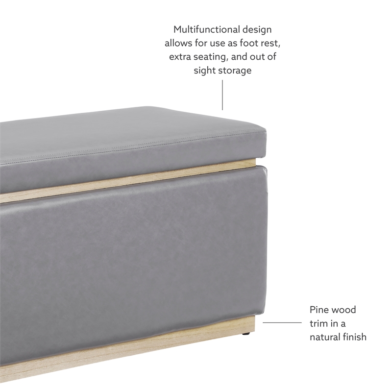 Linon Hawn Rectangle Storage Ottoman Natural Wood Trim in Grey Faux Leather