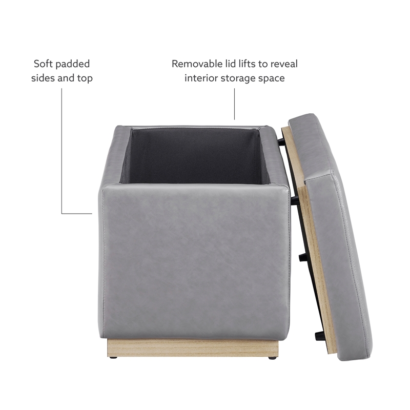 Linon Hawn Rectangle Storage Ottoman Natural Wood Trim in Grey Faux Leather