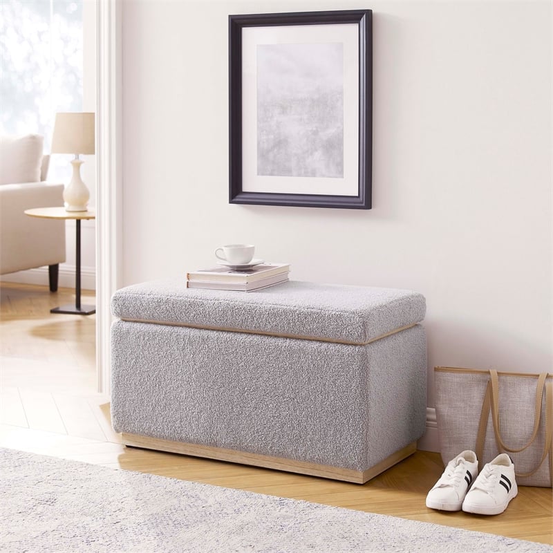 Linon Hawn Rectangle Storage Ottoman Natural Wood Trim in Soft Grey Sherpa