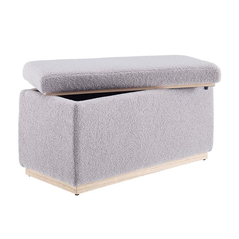 Linon Hawn Rectangle Storage Ottoman Natural Wood Trim in Soft Grey Sherpa