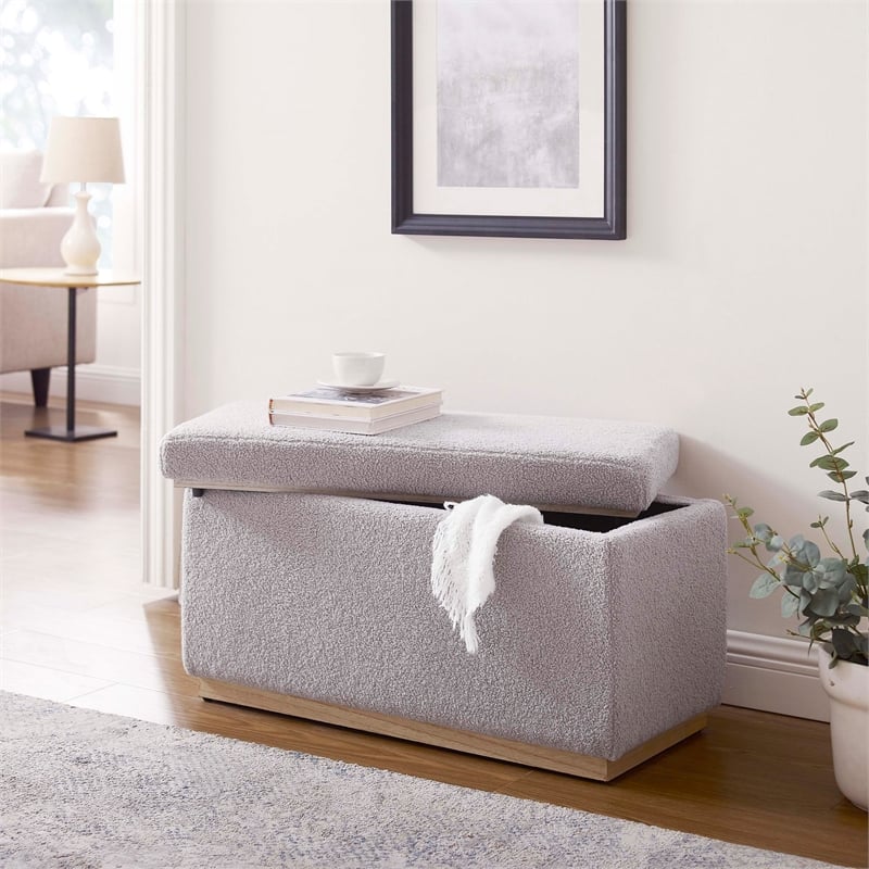 Linon Hawn Rectangle Storage Ottoman Natural Wood Trim in Soft Grey Sherpa