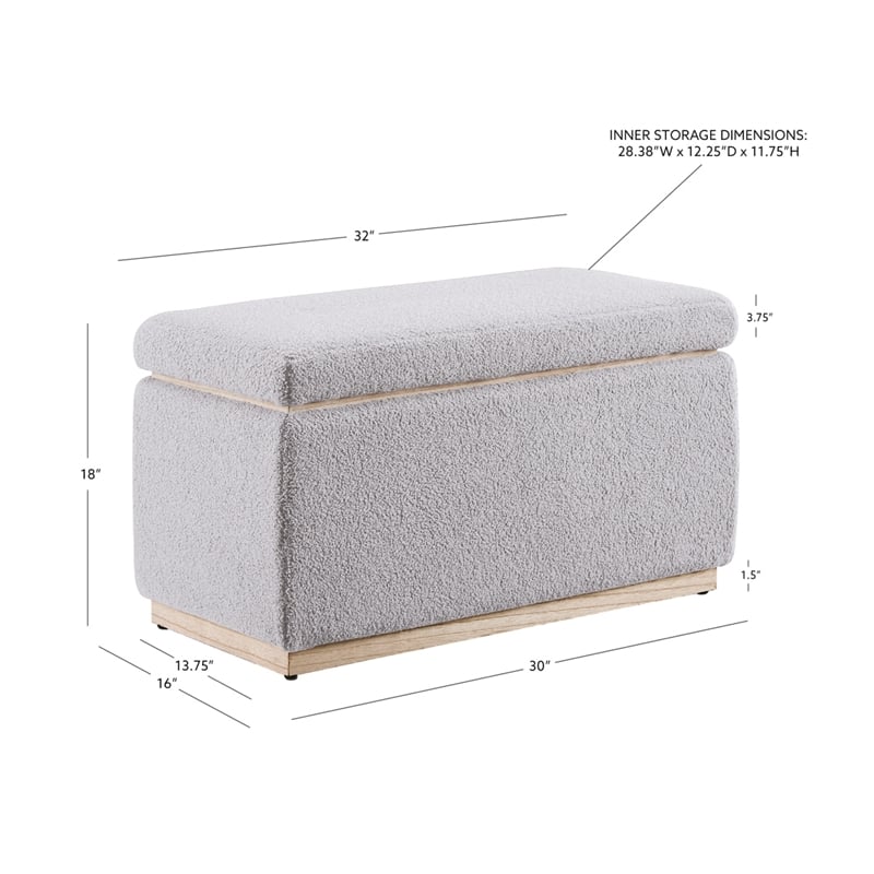 Linon Hawn Rectangle Storage Ottoman Natural Wood Trim in Soft Grey Sherpa
