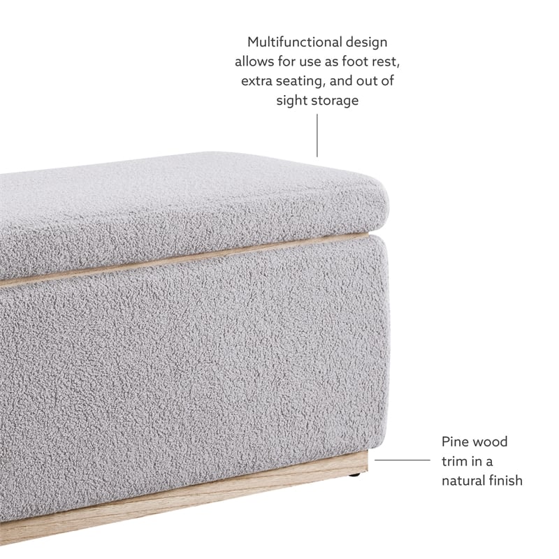 Linon Hawn Rectangle Storage Ottoman Natural Wood Trim in Soft Grey Sherpa