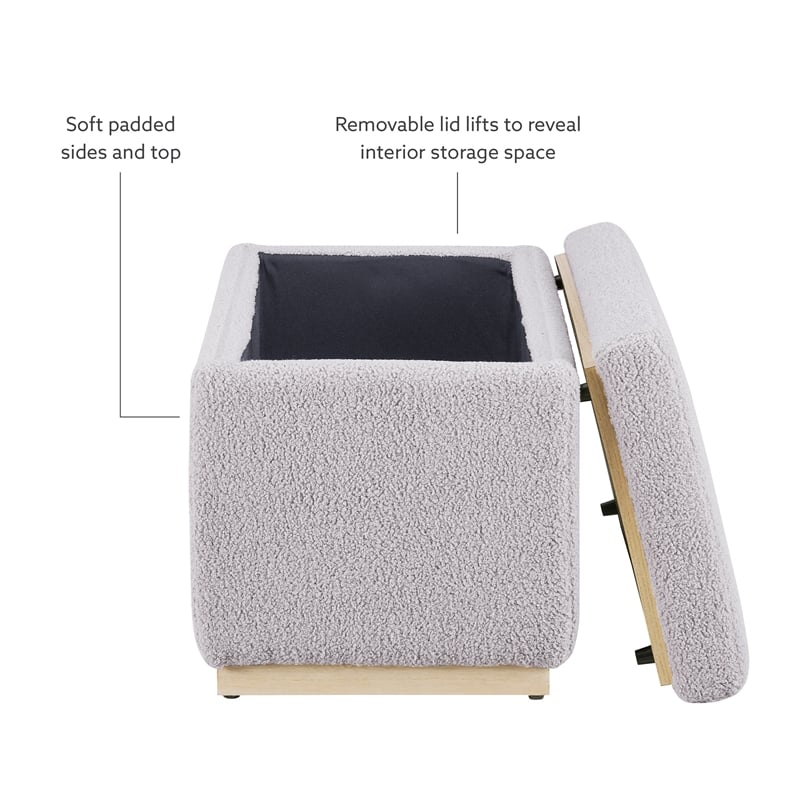 Linon Hawn Rectangle Storage Ottoman Natural Wood Trim in Soft Grey Sherpa