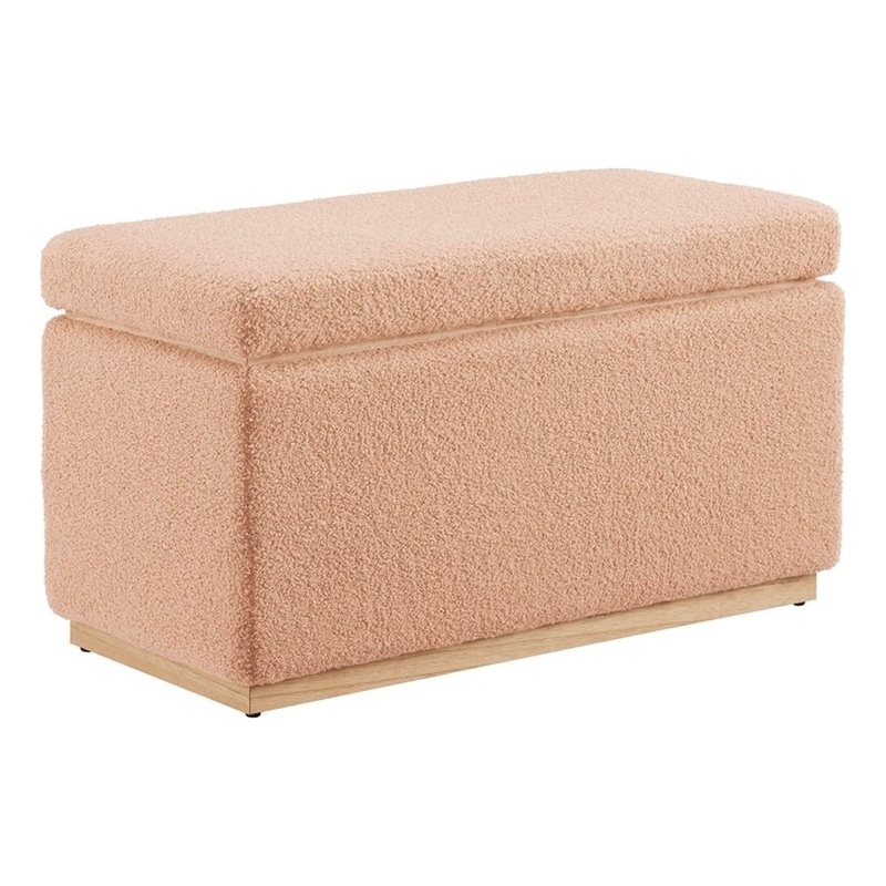 Linon Hawn Rectangle Storage Ottoman Natural Wood Trim in Soft Tan Sherpa