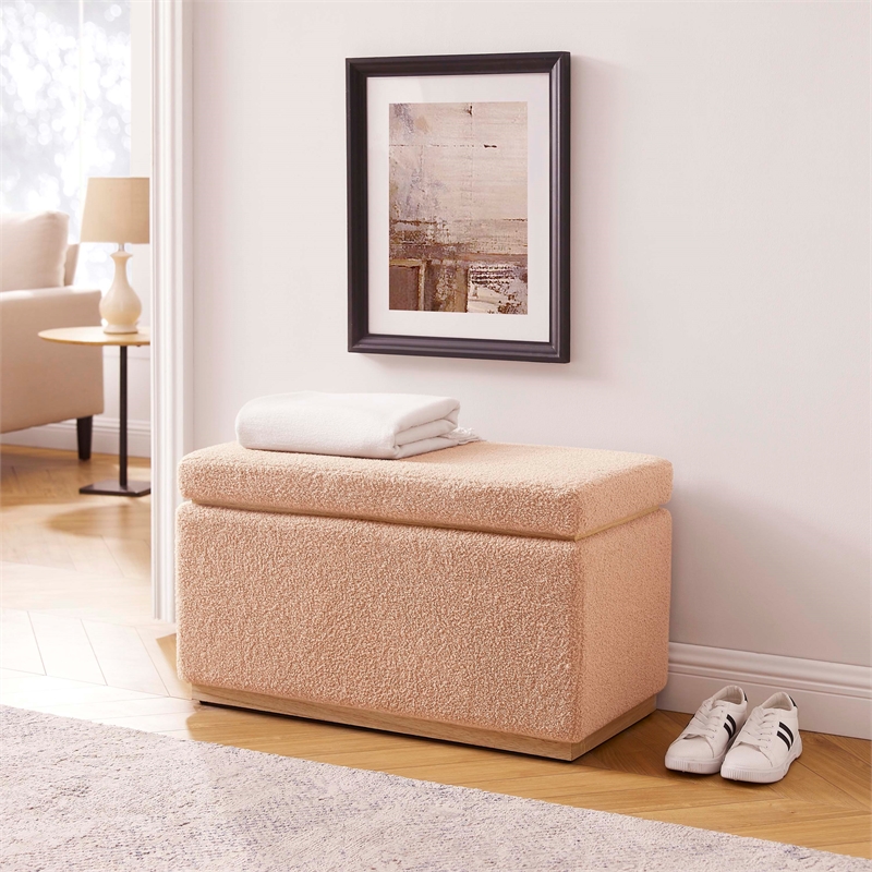 Linon Hawn Rectangle Storage Ottoman Natural Wood Trim in Soft Tan Sherpa