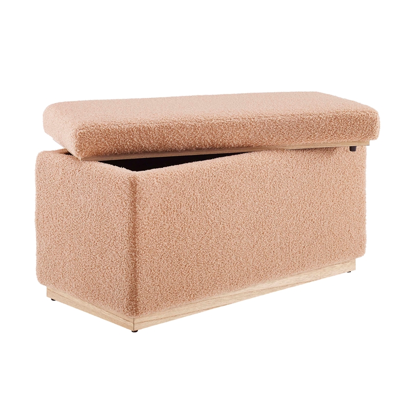 Linon Hawn Rectangle Storage Ottoman Natural Wood Trim in Soft Tan Sherpa