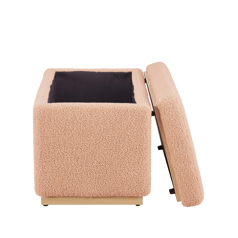 Linon Hawn Rectangle Storage Ottoman Natural Wood Trim in Soft Tan Sherpa