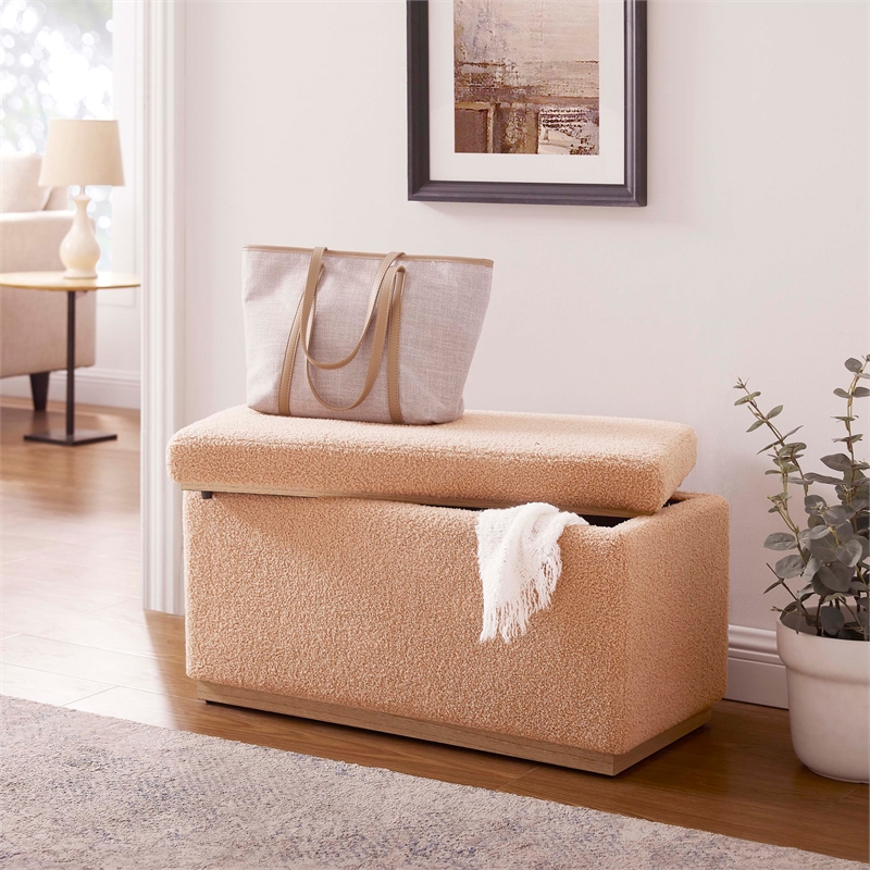 Linon Hawn Rectangle Storage Ottoman Natural Wood Trim in Soft Tan Sherpa