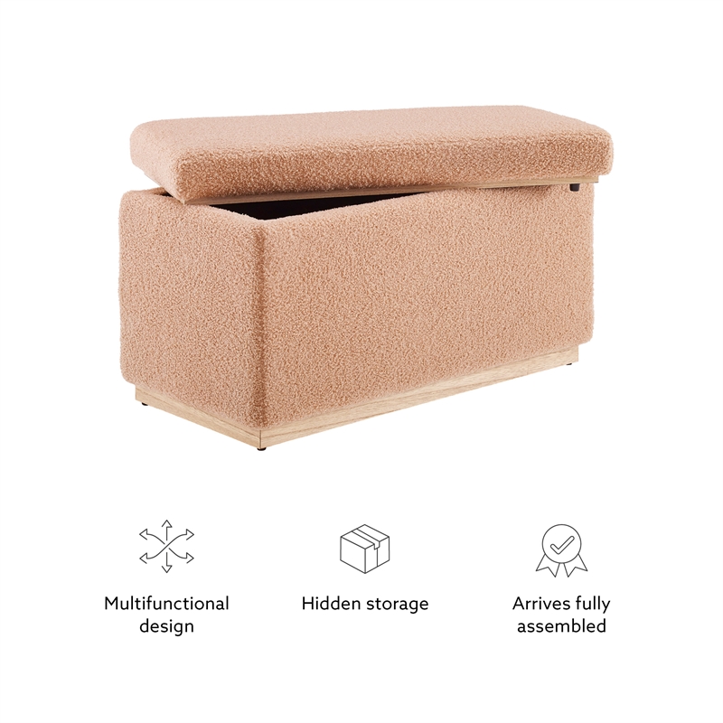Linon Hawn Rectangle Storage Ottoman Natural Wood Trim in Soft Tan Sherpa
