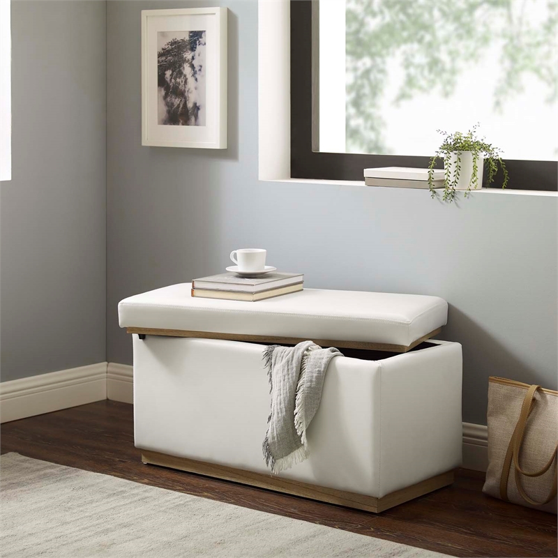 Linon Hawn Rectangle Storage Ottoman Natural Wood Trim in White Faux Leather
