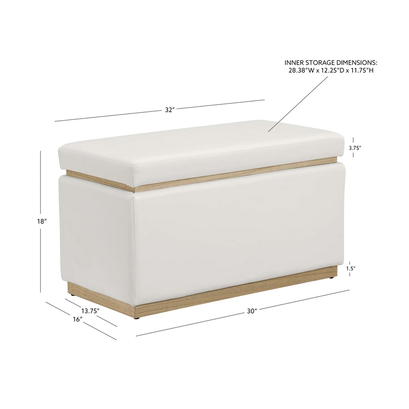 Linon Hawn Rectangle Storage Ottoman Natural Wood Trim in White Faux Leather