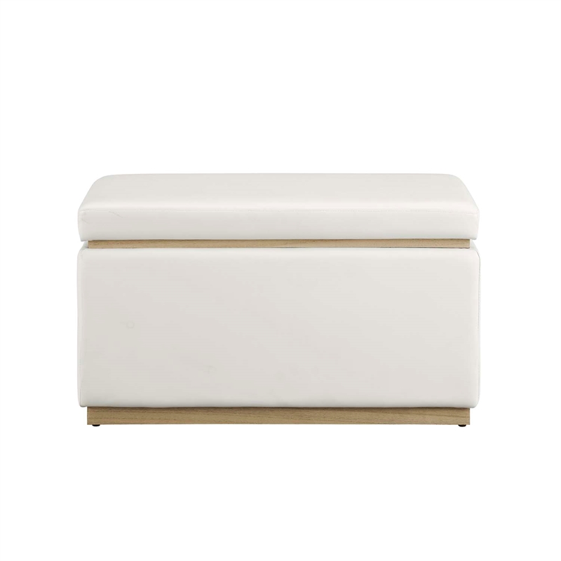 Linon Hawn Rectangle Storage Ottoman Natural Wood Trim in White Faux Leather