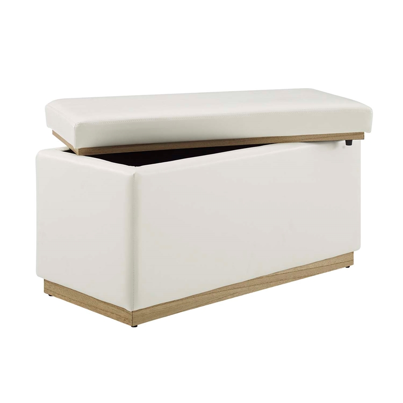 Linon Hawn Rectangle Storage Ottoman Natural Wood Trim in White Faux Leather