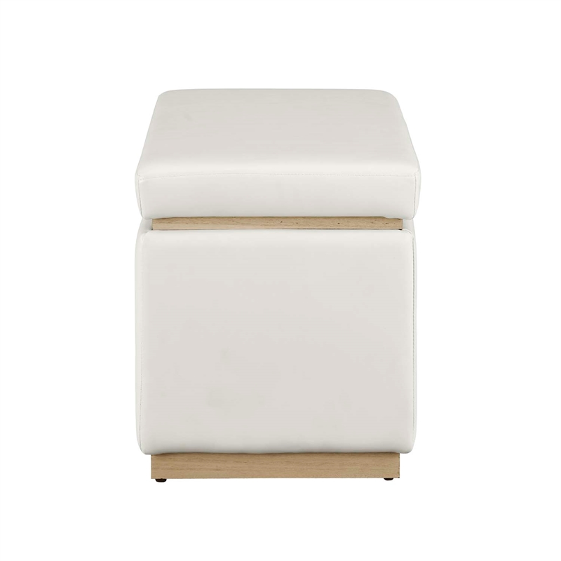 Linon Hawn Rectangle Storage Ottoman Natural Wood Trim in White Faux Leather