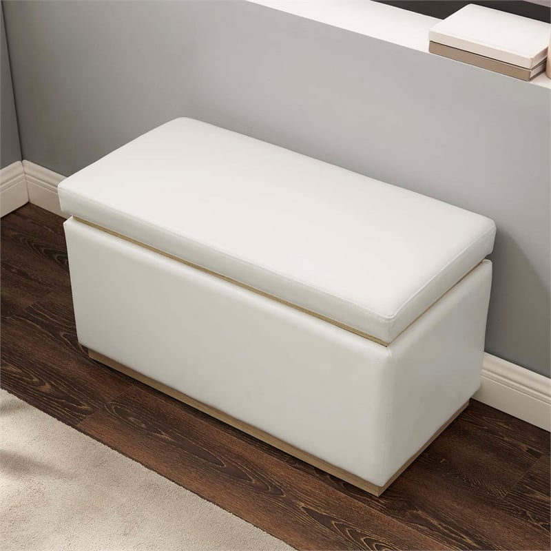 Linon Hawn Rectangle Storage Ottoman Natural Wood Trim in White Faux Leather