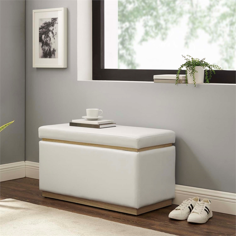 Linon Hawn Rectangle Storage Ottoman Natural Wood Trim in White Faux Leather