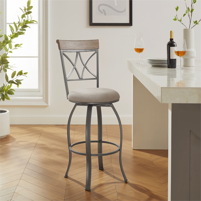Linon Hamilton Metal Swivel Barstool Padded Beige Seat in Matte Pewter