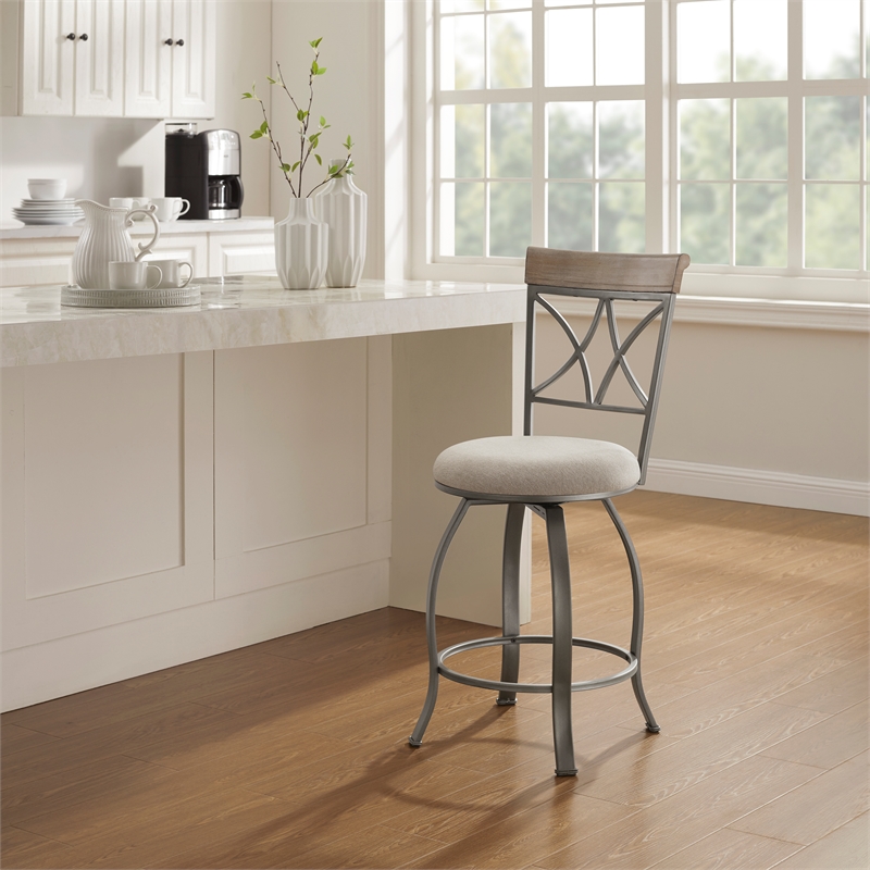 Linon Hamilton Metal Swivel Counter Stool Padded Beige Seat in Matte Pewter