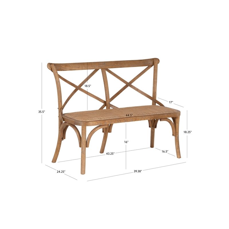 Linon Dallas Bentwood Bench X-Back Rattan Seat in Rustic Antique Brown