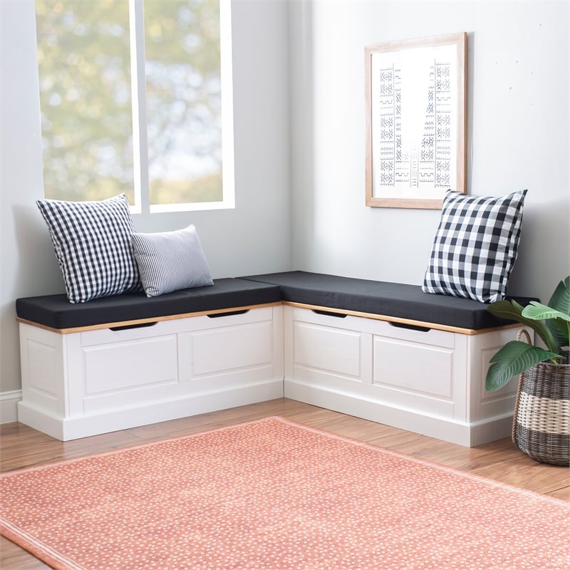 Linon Troyin Natural and White Wooden Storage Nook With Black Cushions/Pillows