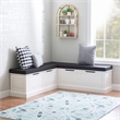Linon Troyin White Wooden Storage Nook With Black Cushions and Pillows