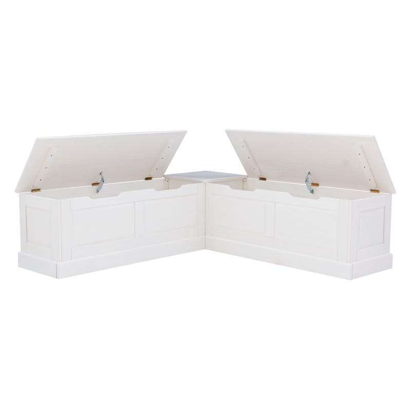 Linon Troyin White Wooden Storage Nook With Black Cushions and Pillows