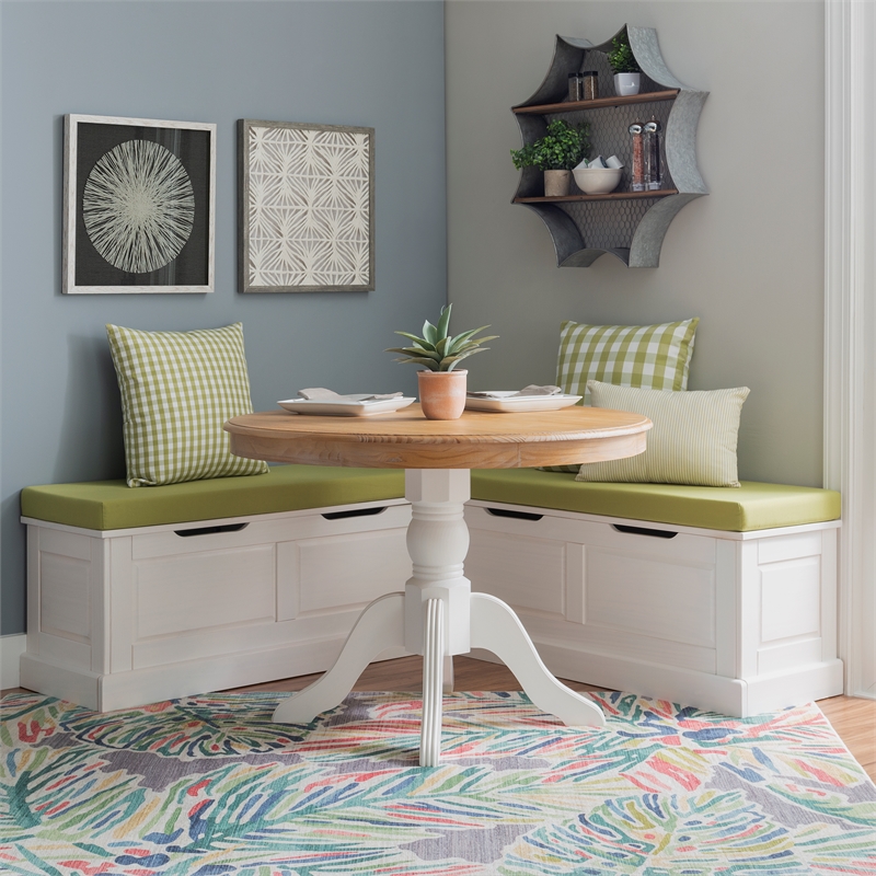 Linon Troyin White Wooden Storage Nook With Green Cushions and Pillows