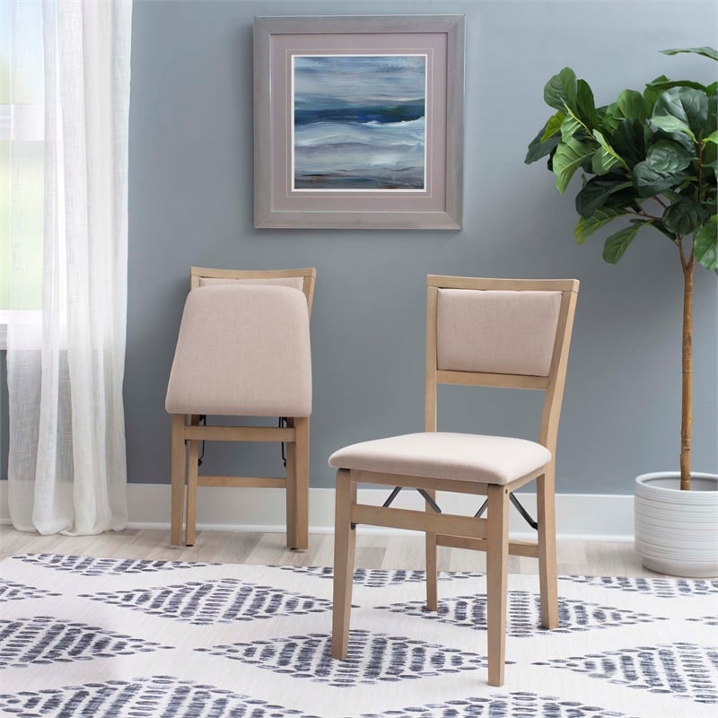 Linon Keira Set of Two Folding Chairs Beige Fabric Seat & Back in Graywash Wood