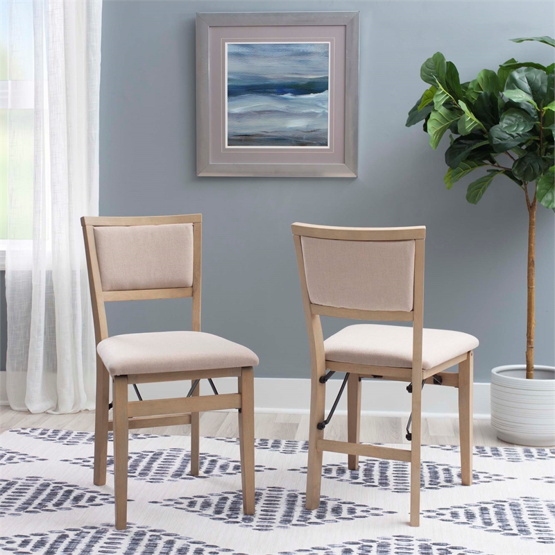 Linon Keira Set of Two Folding Chairs Beige Fabric Seat & Back in Graywash Wood