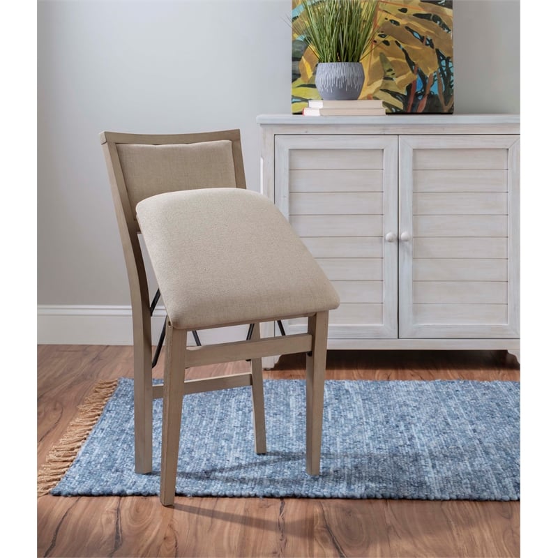 Linon Keira Set of Two Folding Chairs Beige Fabric Seat & Back in Graywash Wood