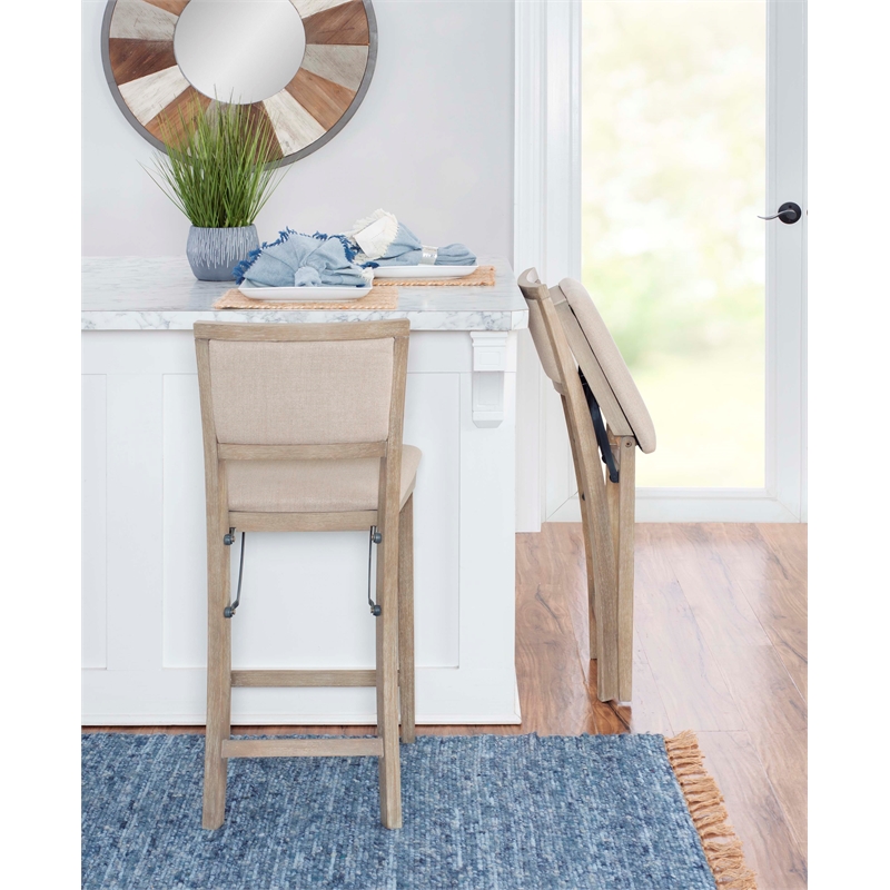 Linon Keira Folding Counter Stool Fabric Padded Back & Seat in Graywash Wood