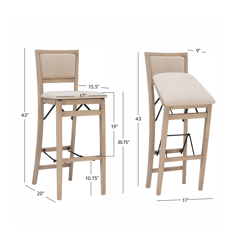 Linon Keira Folding Bar Stool with Fabric Padded Seat and Back in Graywash Wood