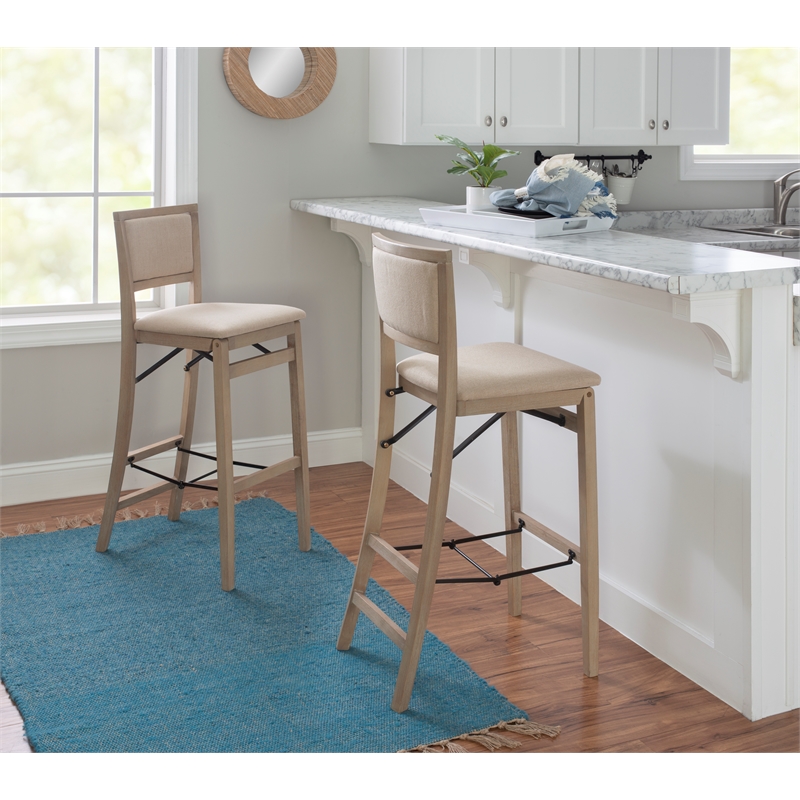 Linon Keira Folding Bar Stool with Fabric Padded Seat and Back in Graywash Wood