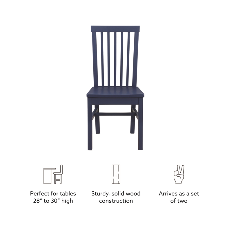 Linon Erwin Set of Two High Slat Back Side Dining Chairs in Navy Blue Rubberwood