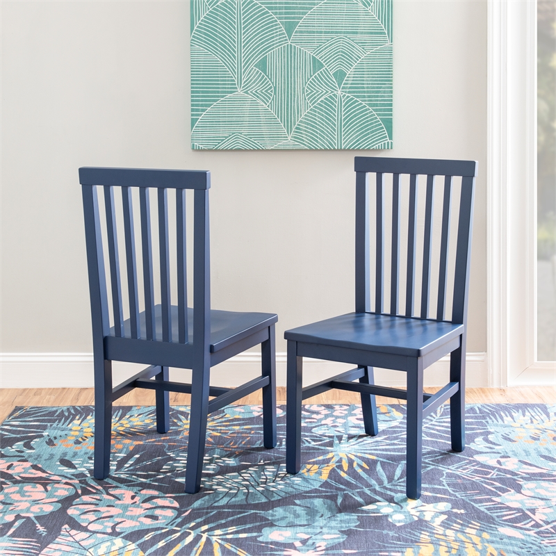 Linon Erwin Set of Two High Slat Back Side Dining Chairs in Navy Blue Rubberwood