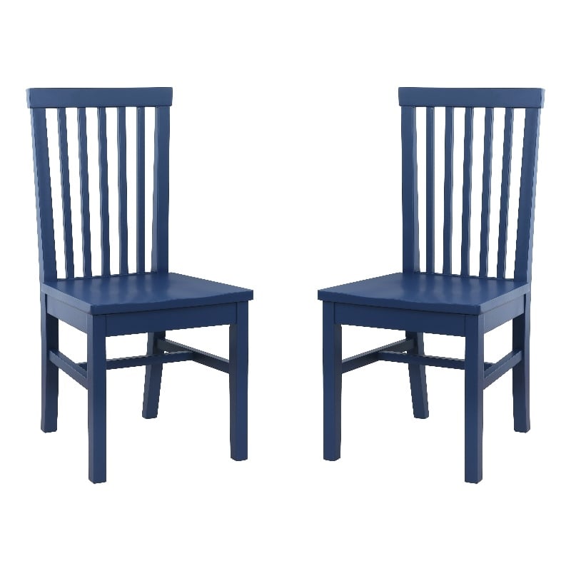 Linon Erwin Set of Two High Slat Back Side Dining Chairs in Navy Blue Rubberwood