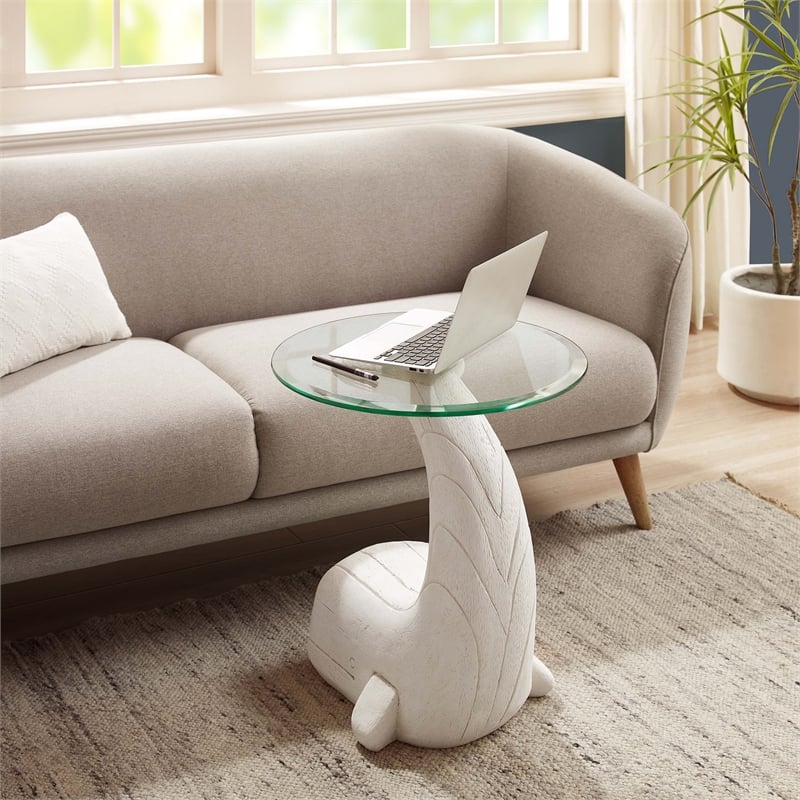 Linon Mabry Whale Sculptured Resin & Glass Top Rustic Accent Table in White