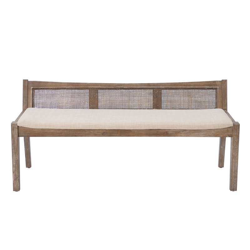 Linon Memphis Wood Bench Woven Cane Back Beige Padded Seat in Brown Stain Finish