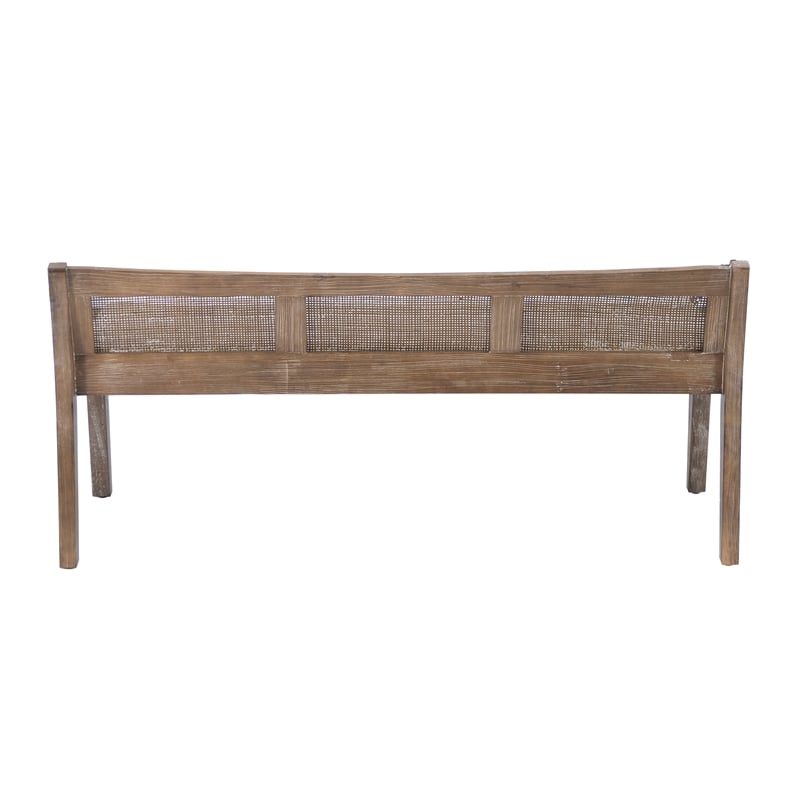 Linon Memphis Wood Bench Woven Cane Back Beige Padded Seat in Brown Stain Finish