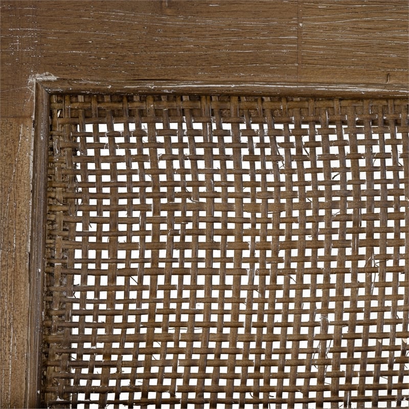 Linon Memphis Wood Bench Woven Cane Back Beige Padded Seat in Brown Stain Finish