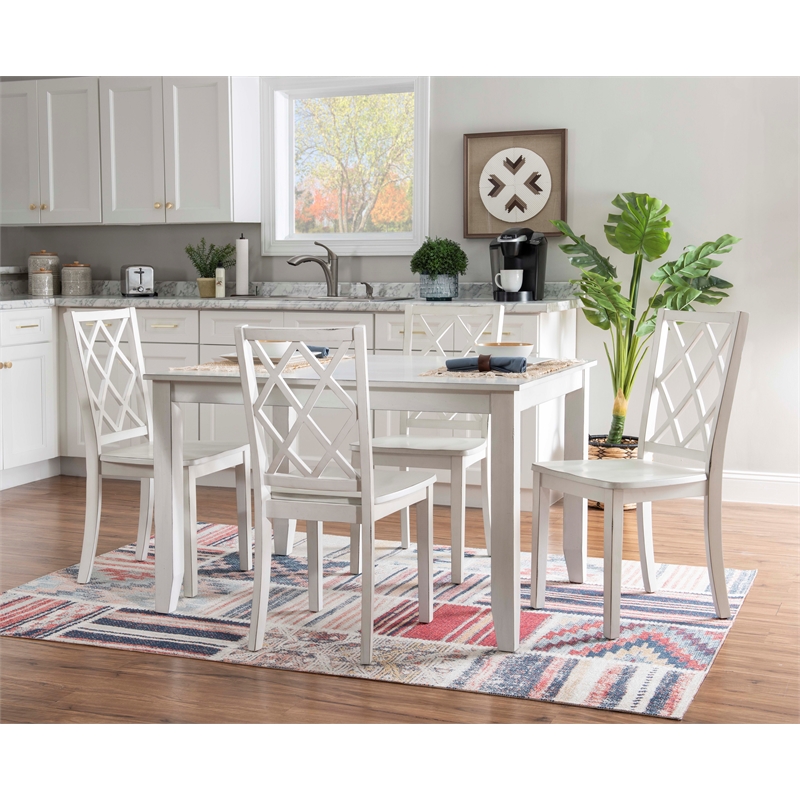 Linon Delia 5 Piece Wood Dining Set Lightly Burnished Edges in Antique White